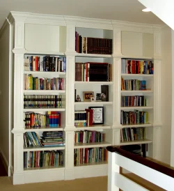 White built-in bookshelves filled with books and a few decorative items, situated in a well-lit room with beige carpet.