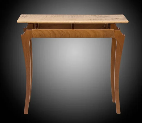 A wooden console table with a light top, two narrow drawers, and curved legs, shown against a gradient background.